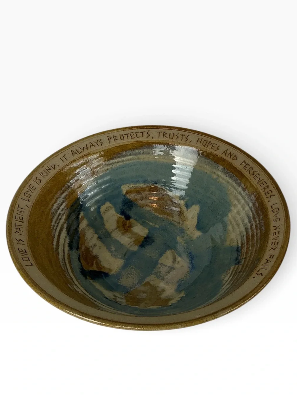 “Love Is Patient” Studio Pottery Bowl By Artist Bryan Becker Blue/Brown